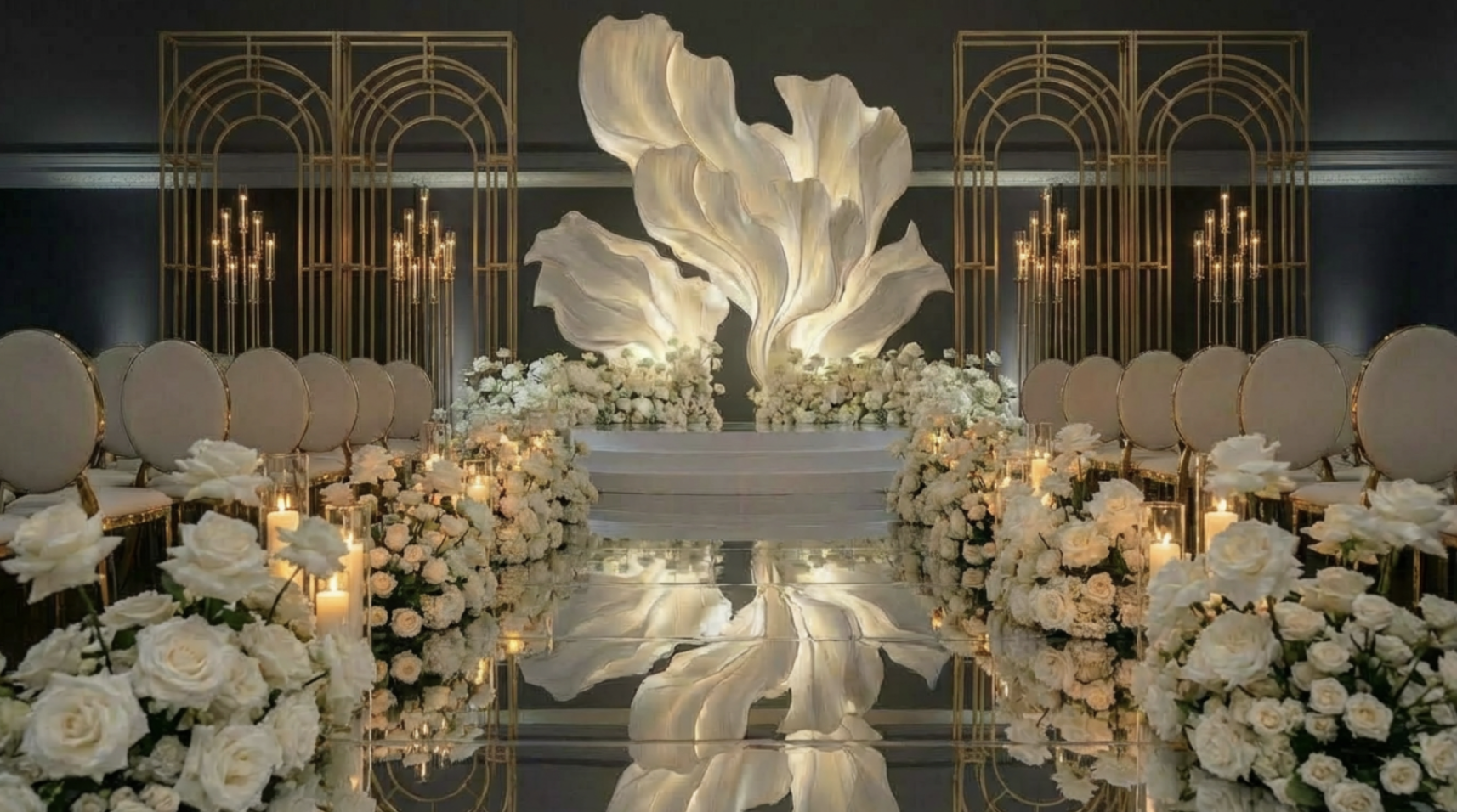 Lit up ceremony with grand abundant flowers, candles, art deco pieces, white ivory chairs, mirrored aisle and wave sculpure at the altar