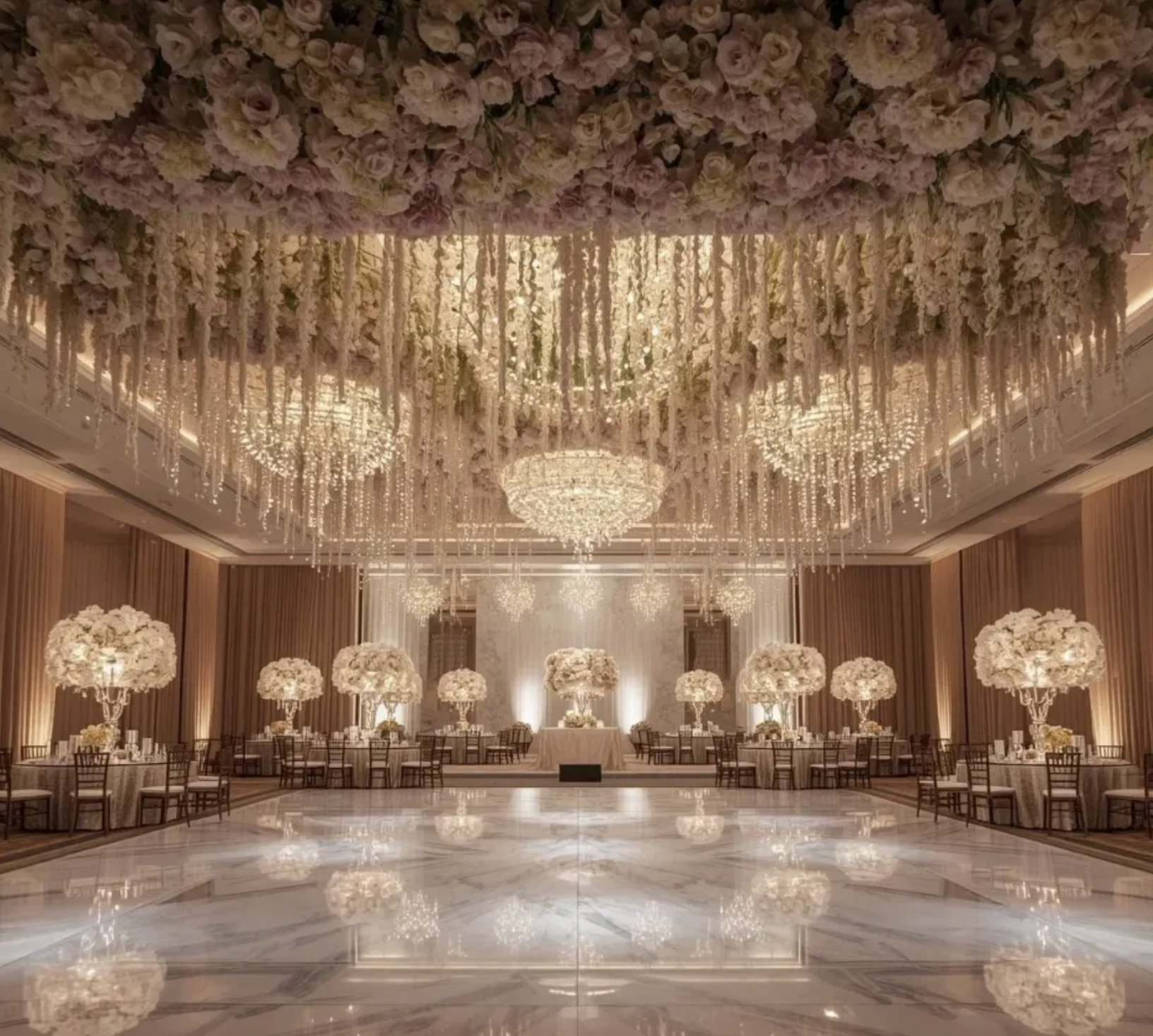 Wedding reception with large ceiling floral installation and chandeliers.
